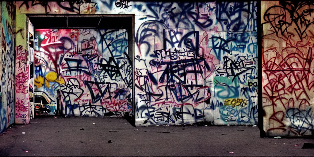 Image similar to under the bridge in new york, night, city lights, graffiti flop on the wall, skaters, coloured film photography, christopher morris photography, bruce davidson photography