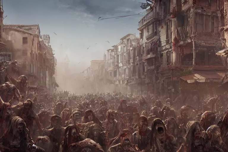 Image similar to Horde of redneck zombies in a steampunk Venice, 3d scene, render, ultra realistic, zenith view, Greg Rutkowski, artstation, cgsociety, unreal engine, ray tracing, detailed illustration, hd, 4k, digital art, overdetailed art, concept art, complementing colors, Trending on artstation, deviantart
