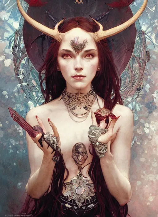 Image similar to a beautiful illustration of a satanic witch with horns in head, intricate, sharp focus, illustration, highly detailed, digital painting, concept art, matte, art by wlop and artgerm and greg rutkowski and alphonse mucha, masterpiece