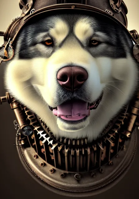 Image similar to hyper realistic ultra - detailed portrait of alaskan malamute face, steampunk hat with goggles and gears, upper body, detective coat, sharp focus, illustration, fantasy style, octane render, concept art, smooth, volumetric lighting, 8 k high definition, intricate, wide shot, by greg rutkowski, highly detailed, trending on art station