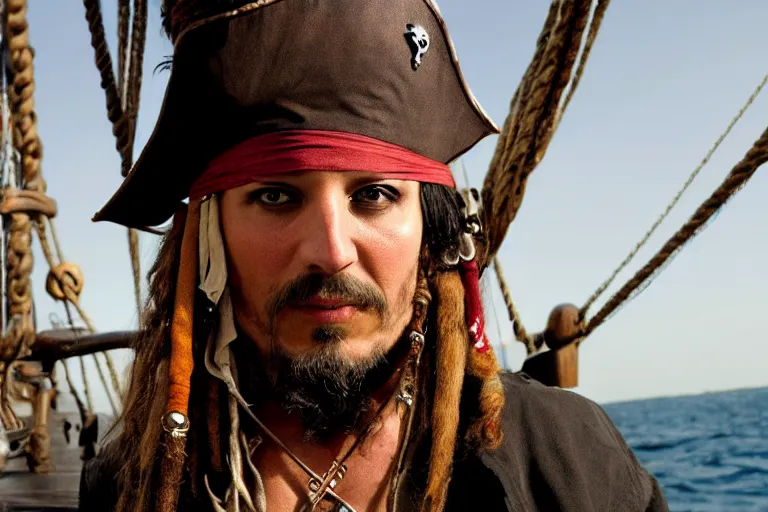 Image similar to closeup movie pirate on a pirate ship, by emmanuel lubezki
