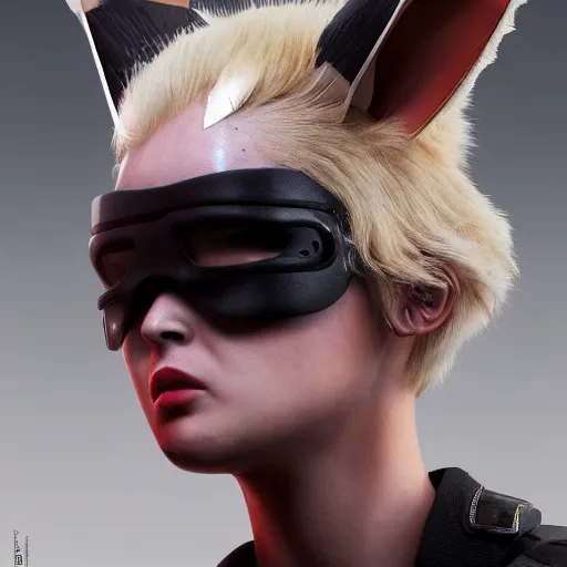 Prompt: close up of evil futuristic dystopian regime soldier, plasma gun, angry, blonde hair with fox ears, fluffy fox ears, human, female, concept design, contrast, hot toys, kim jung gi, greg rutkowski, zabrocki, karlkka, jayison devadas, trending on artstation, 8 k, ultra wide angle, pincushion lens effect