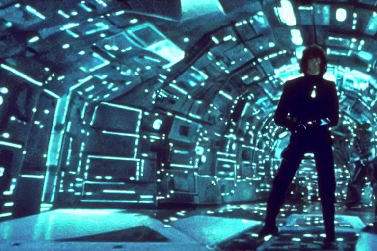 Image similar to scene from star wars: the empire strikes back, david bowie as ziggy skywalker turns on a lightsaber in a mirror maze, amazing cinematography