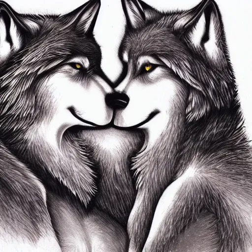 Prompt: two wolf girls kissing, detailed, realistic