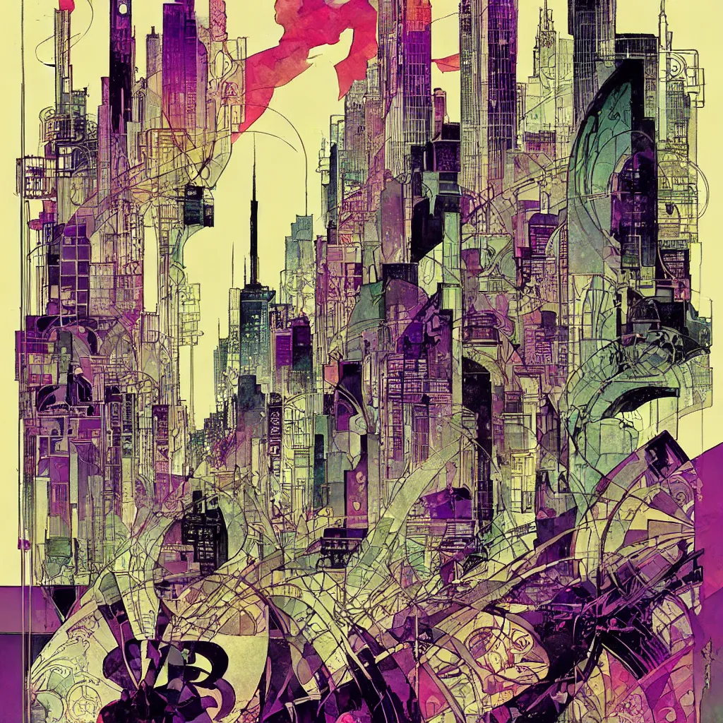 Image similar to bill sienkiewicz art nouveau city