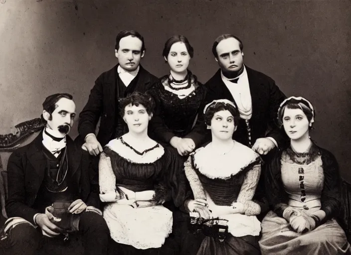 Prompt: a daguerrotype of friends sitcom in a very early film stock, 1 8 0 0 s, vintage