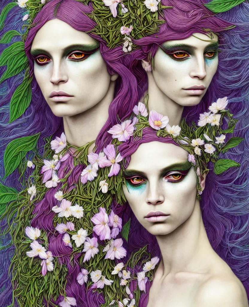 Image similar to the androgynous deity of Spring, 1 figure only, looks a blend of Grimes, Lana Del Rey, Aurora Aksnes, and Zoë Kravitz, made entirely out of flora and fauna, in a style combining Botticelli, Möbius and Æon Flux, surrealism, stunningly detailed artwork, hyper photorealistic 4K, stunning gradient colors, very fine inking lines