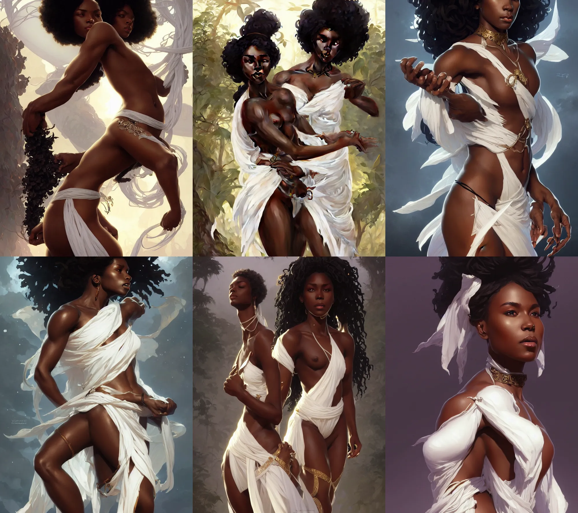 Prompt: beautiful natural black female wearing a white loincloth, intricate, elegant, highly detailed, digital painting, artstation, concept art, smooth, sharp focus, illustration, art by artgerm and greg rutkowski and alphonse mucha and Ruan Jia and WLOP