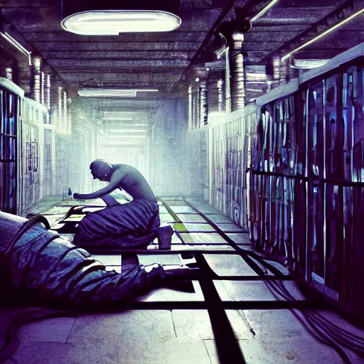 Image similar to monks kneeling with wires connecting them to a computer, Machines and wires everywhere, neon lights, creepy, dark shadowy surroundings, dystopian scifi, horror, Stefan Koidl inspired