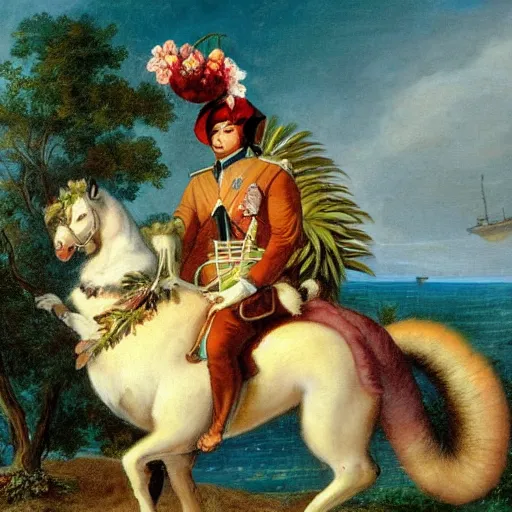 Image similar to a giant squirrel carrying napoleon bonaparte on its back, beach scene with flowers and foliage, detailed oil painting