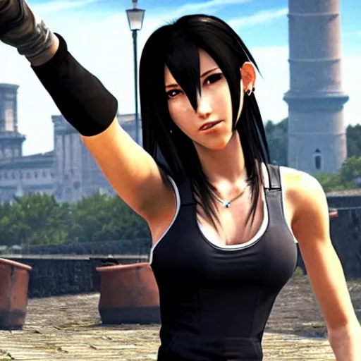 Prompt: Tifa Lockhart from Final Fantasy VII Remake (2020) taking a selfie in Italy