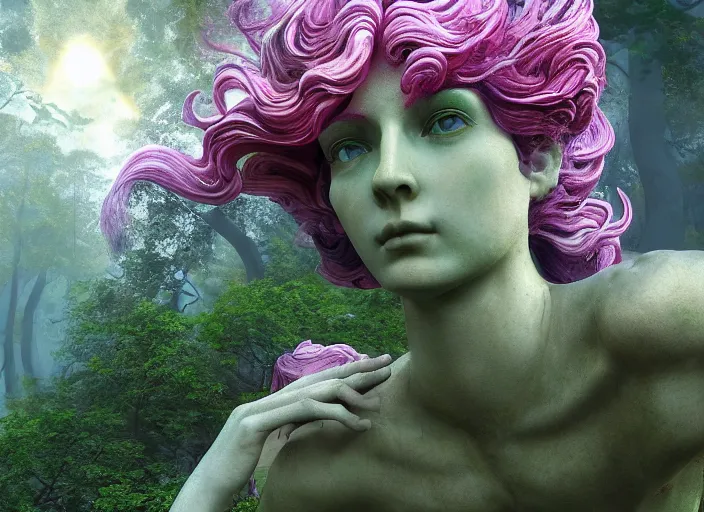 Image similar to an idealistic marble statue with fractal flowery hair and fair porcelain face and green eyes, in a magical forest, painted by, mc escher, gordon onslow ford, georgia o'keeffe and ivan aivazovsky, cinematic light, god rays, colourful, unreal engine, zbrush central,