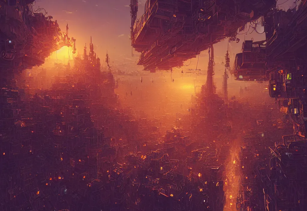 Image similar to flying steampunk city with ceppelin in the middle By alena aenami, digital art, 4k, trending on artstation, highly detailed, golden hour