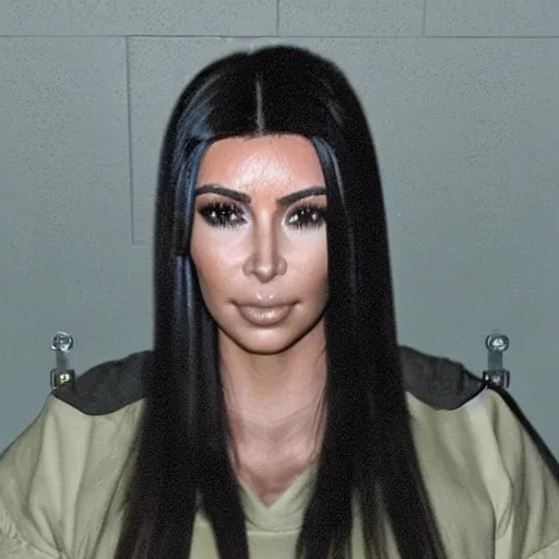 Prompt: real photo of a kim kardashian lookalike, behind bars. standing in jail cell