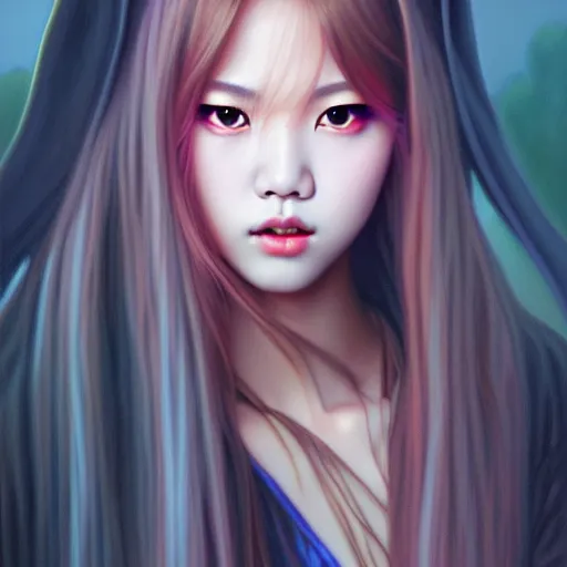 Image similar to lalisa manoban of blackpink, grim reaper costume, tarot card, highly detailed, digital painting, smooth, sharp focus, illustration, ultra realistic, 8 k, art by artgerm and alphonse mucha