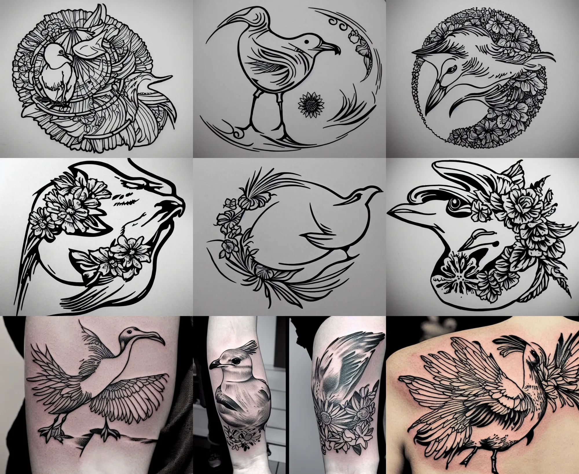 Image similar to detailed amazing tattoo stencil of a floral seagull eating a chip