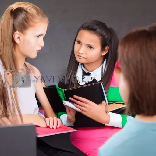 Prompt: a girl student asking a stupid question for the teacher, ruddy girl, short hair, very detailed face, white skinned girl,