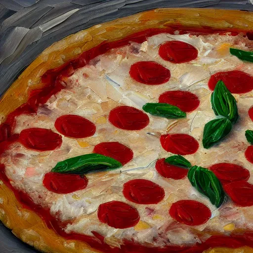 Prompt: an impasto oil painting of a pizza magherita, 4 k resolution, italy, white red and green color schemea