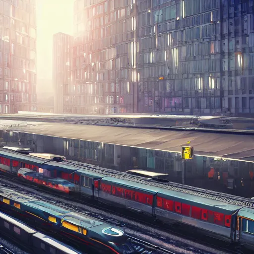 Image similar to illustration of a scifi power building, in middle of a bustling train station, trains moving into the distance, overhead view, Krzysztof Nowak, 4k