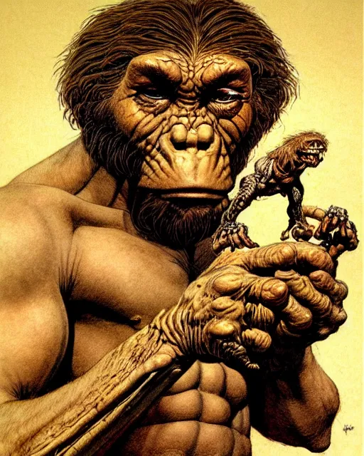 Prompt: neanderthal read science book about him, heavey metal magazine cover, character portrait, portrait, close up, concept art, intricate details, highly detailed, in the style of frank frazetta, esteban maroto, richard corben, pepe moreno, matt howarth, stefano tamburini, tanino liberatore, luis royo and alex ebel