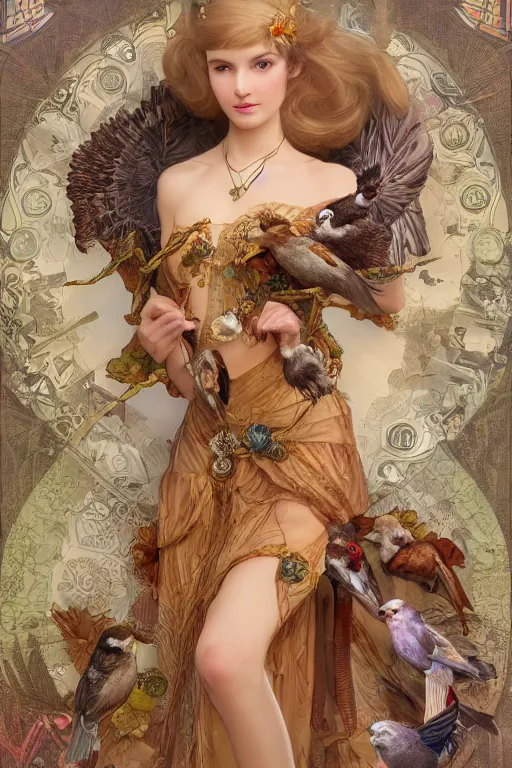 Image similar to zoom in 3 d render of english princess holding birds, ornaments, mucha vibe, dieselpunk, solarpunk, artstation, andrei riabovitchev