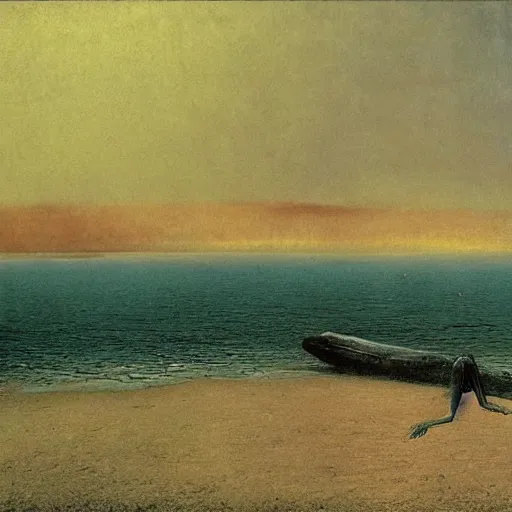 Image similar to decaying salmon on the beach, by beksinski.