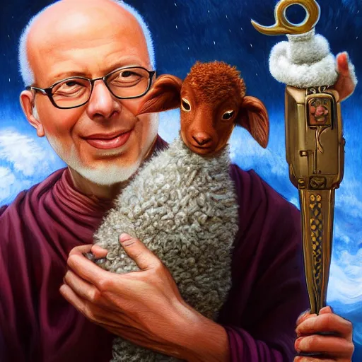 Image similar to a detailed fantasy character painting of Klaus Schwab holding an Android robot lamb dressed like Jesus Christ, by lauri blank, artgerm, evelyn de morgan, 8K, 50mm lens