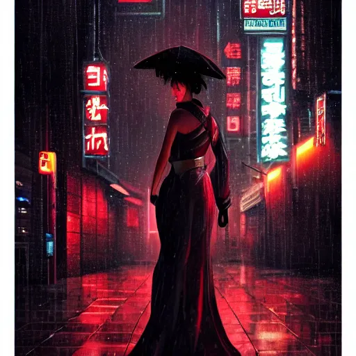 Image similar to geisha in a cyberpunk rainy city at night with a torii in the background, high quality, high detail, 4K, UHD, trending on ArtStation, blade runner vibes, ghost in the shell