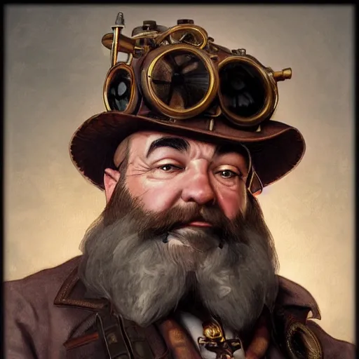 Prompt: Three quarters portrait of a male steampunk dwarf, highly detailed, digital painting, art by Stanley Lau and Artgerm and magali villeneuve and Alphonse Mucha, artstation, octane render, cgsociety