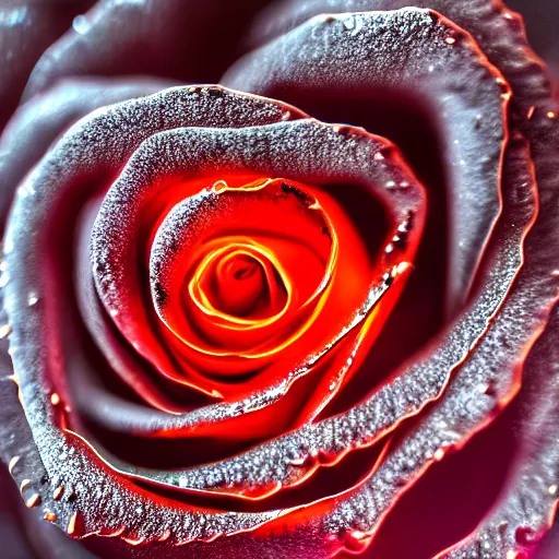 Image similar to award - winning macro of a beautiful black rose made of glowing molten magma