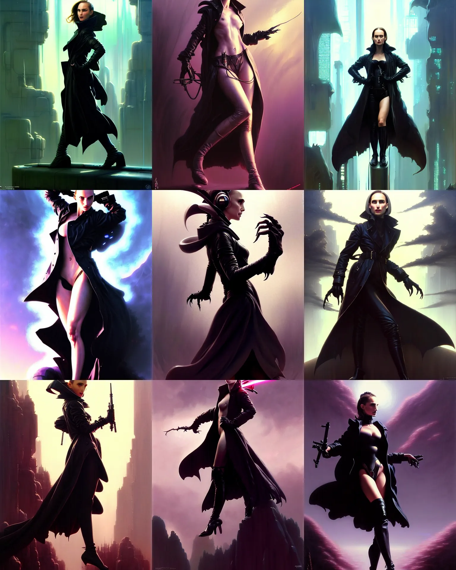 Image similar to beautiful fantasy character portrait, natalie portman, wearing oversized black trench coat, ultra realistic, wide angle, dramatic lighting, vultures, very seductive pose, cyberpunk artifacts, highly detailed by peter mohrbacher, hajime sorayama, wayne barlowe, boris vallejo, aaron horkey, gaston bussiere, craig mullins
