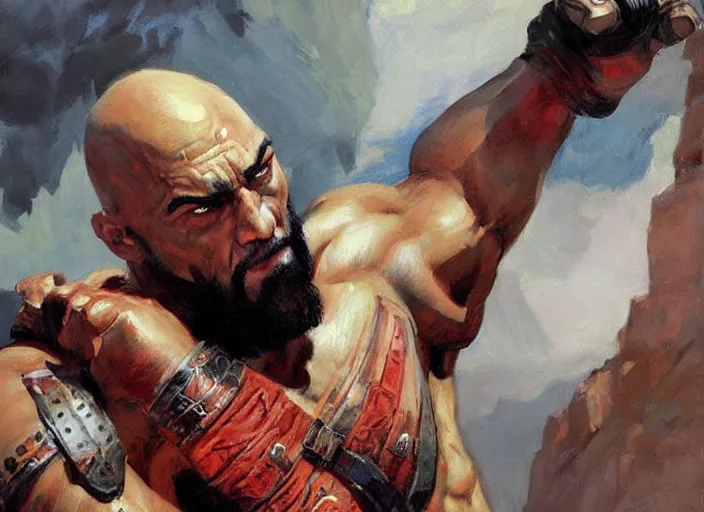 Image similar to a highly detailed beautiful portrait of the rock as kratos, by gregory manchess, james gurney, james jean