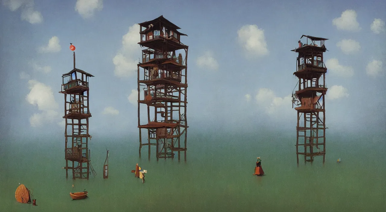 Image similar to single flooded simple wooden tower, very coherent and colorful high contrast!! masterpiece by rene magritte simon stalenhag carl spitzweg syd mead norman rockwell edward hopper james gilleard, minimalist, dark shadows, sunny day, hard lighting