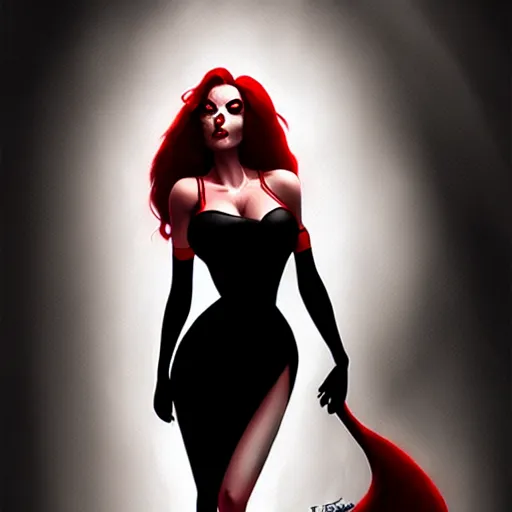 Prompt: dark street femme fatal noir jessica rabbit red dress, character portrait, sharp, digital matte painting, art by luis royo, greg rutkowski, wlop, dramatic lighting, trending on artstation