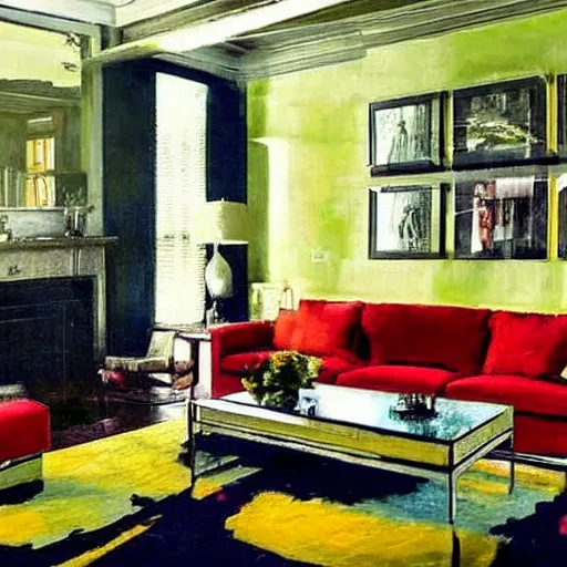 Image similar to a modern living room with green sofa, red carpet and yellow table, painting by jeremy mann