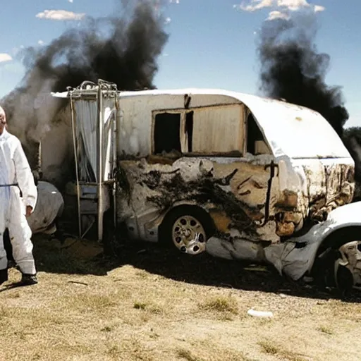 Prompt: Walter White, huge meth lab disaster