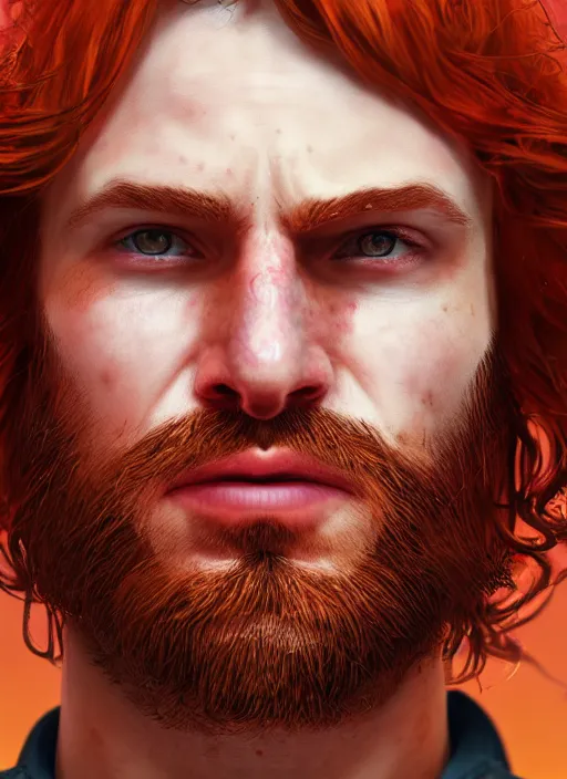 Image similar to glowwave portrait of curly orange hair man from red dead redemption 2, au naturel, hyper detailed, digital art, trending in artstation, cinematic lighting, studio quality, smooth render, unreal engine 5 rendered, octane rendered, art style by klimt and nixeu and ian sprigger and wlop and krenz cushart.