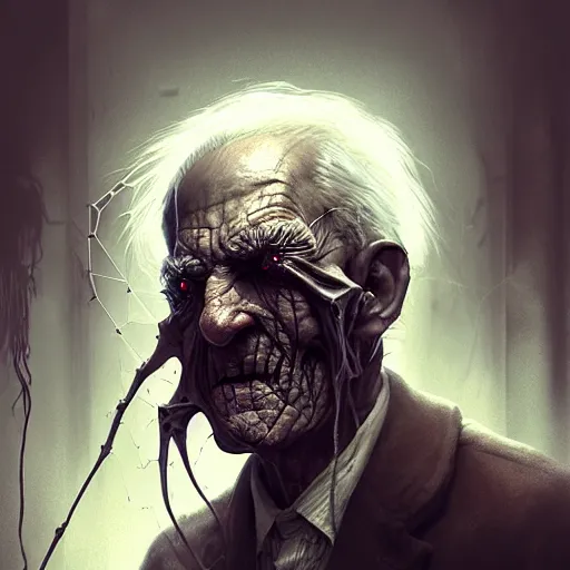 Image similar to an old man with thick cobwebs covering his face, cobwebs, spooky, atmosphere, detailed, realistic, unreal engine, cgsociety, by wlop and artgerm