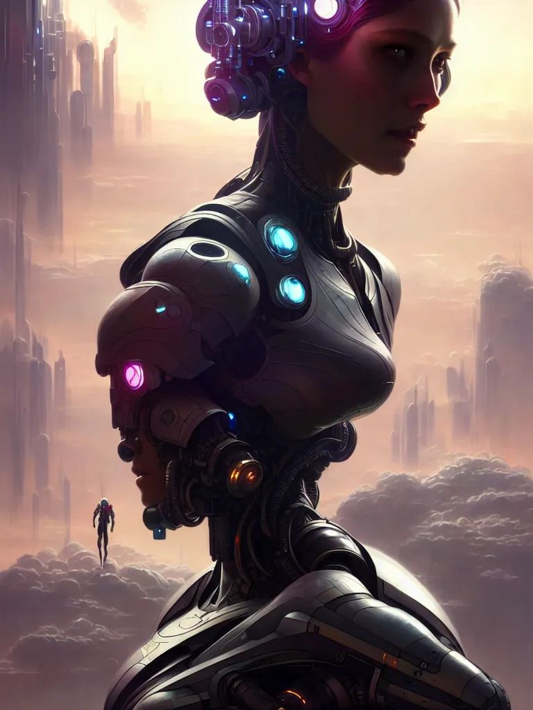 Image similar to ultra realistic, beautiful female cyborg lost in a space metropolis, sci-fi, cyberpunk, concept art, intricate details, eerie, highly detailed, octane render, 8k, , art by artgerm and greg rutkowski and alphonse mucha