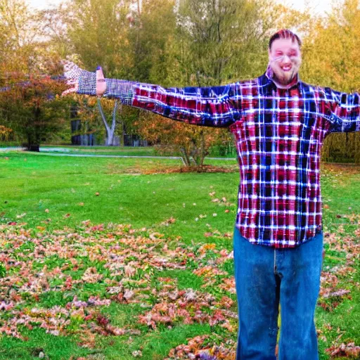 Prompt: a man wearing flannel waving hello with a 9 foot long arm