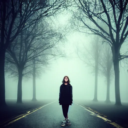 Prompt: girl in a creepy foggy town