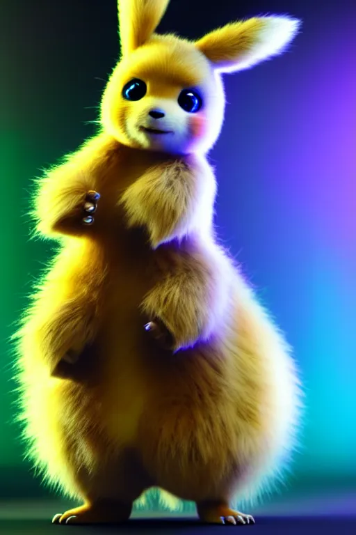 Image similar to high quality 3 d render cyberpunk very cute multicolored fluffy! quokka cyborg, robot paw, highly detailed, vray smooth, in the style of detective pikachu, hannah yata charlie immer, cinematic neon blue light, low angle, uhd 8 k, sharp focus