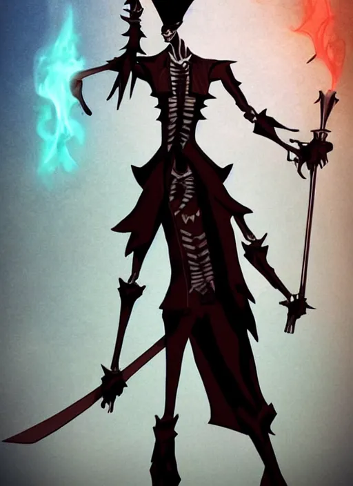 Image similar to DND character concept, Tall skeletal figure, wearing a deep black suit!!! and tie and top hat, holding a golden cane. Surrounded by light blue!!! flames!!