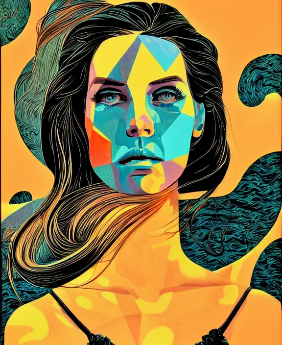 Image similar to lana del rey by tristan eaton, victo ngai, triadic color scheme, edward hopper, beksinski, nicola samori, hyperrealism, intricate detailed, risograph