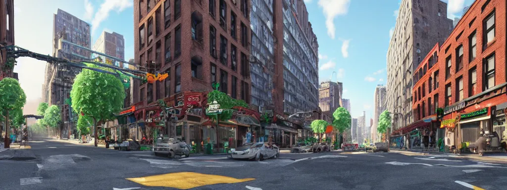 Prompt: realistic new york city street brooklyn, with large short green pipes from super mario scattered on the buildings and on the road, sunny day, concept art on artstation, hyperdetailed, vray render, octane render,