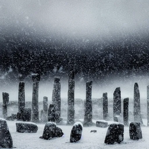 Prompt: 'dancing silhouette figures in front, neolithic standing stones, a haunting snow storm, fog, atmosphere, brooding clouds'