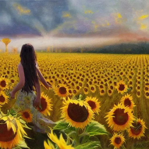 Prompt: a girl slowly running through amazing tall sunflower field, hair flowing, dynamic hands position, fog, early morning lightning, subtle, intricate details, real masterpiece, oil on canvas, by somsak anong