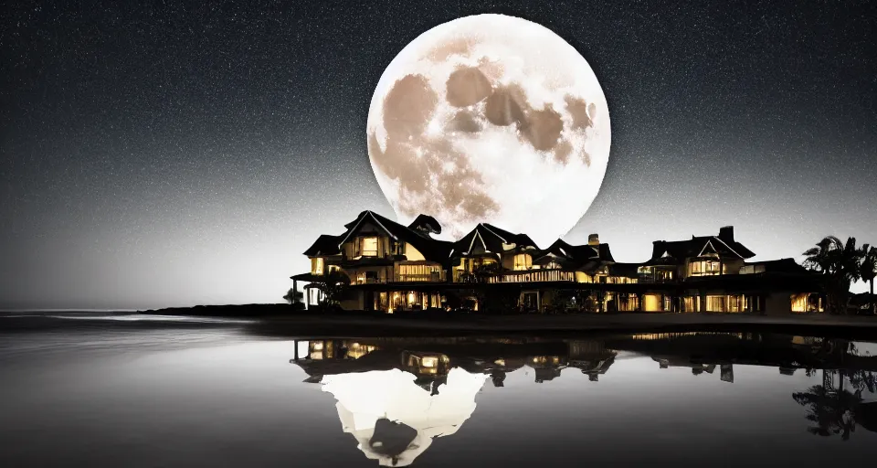 Prompt: picture of a highly textured moon gleaming over a mansion by the beach shore line, nighttime, black sky, water reflection, waves, dslr, 4 k, flickr, high quality, dramatic lighting, cinematic