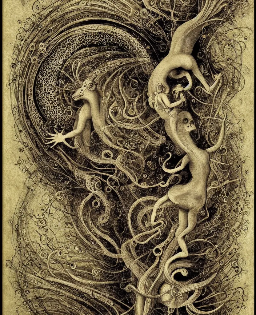 Image similar to whimsical freaky creature sings a unique canto about'as above so below'being ignited by the spirit of haeckel and robert fludd, breakthrough is iminent, glory be to the magic within, painted by ronny khalil