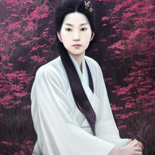 Prompt: a portrait of a young beautiful prince, golden eyes, long black hair, white hanfu, elegant, intricate, backlit, incredible lighting, strong rim light, subsurface scattering, photorealistic, epic beautiful landscape, cherry trees, highly detailed, digital painting, by Heise Jinyao, Heise-Lian Yan Fang, Feimo, Rossdraws, HDRI, vivid colors, high contrast, 8k